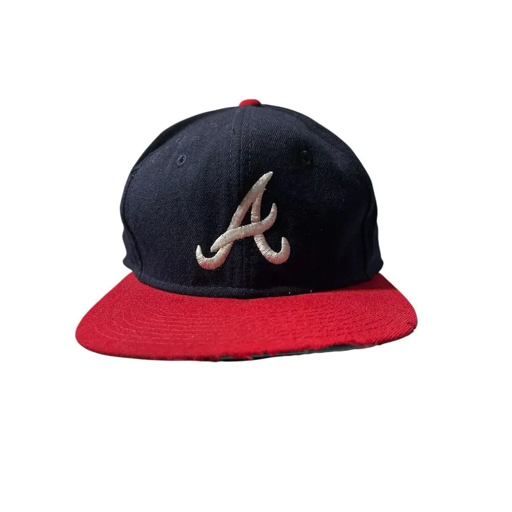 Vtg Atlanta Braves Sports Specialties Hat Blue Script Logo Fitted 7 1/4 Distress